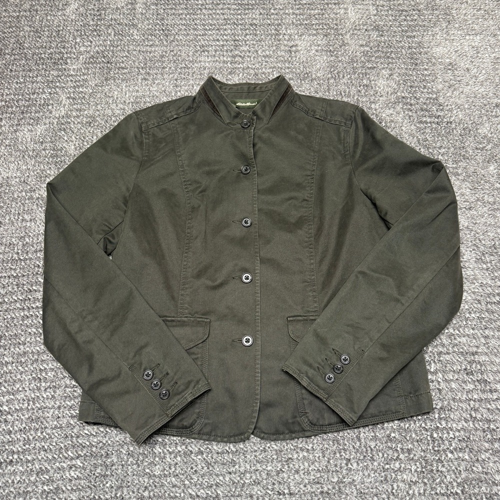 Eddie Bauer Women Utility Jacket 12 Olive Green Cotton Stand Collar Button Front